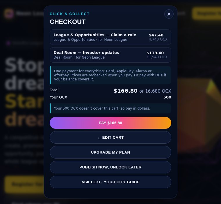 Checkout with one dollar payment and an optional OCX payment